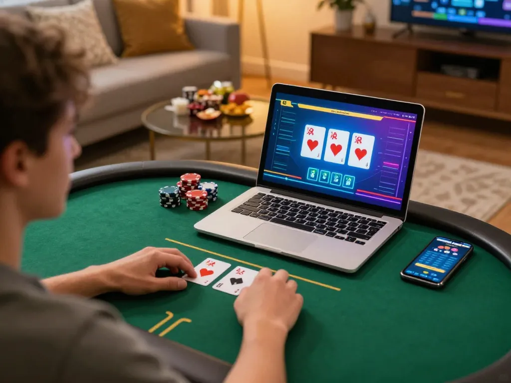 Engaged player enjoying gamebaidoithuong poker online with laptop and smartphone in cozy setup.