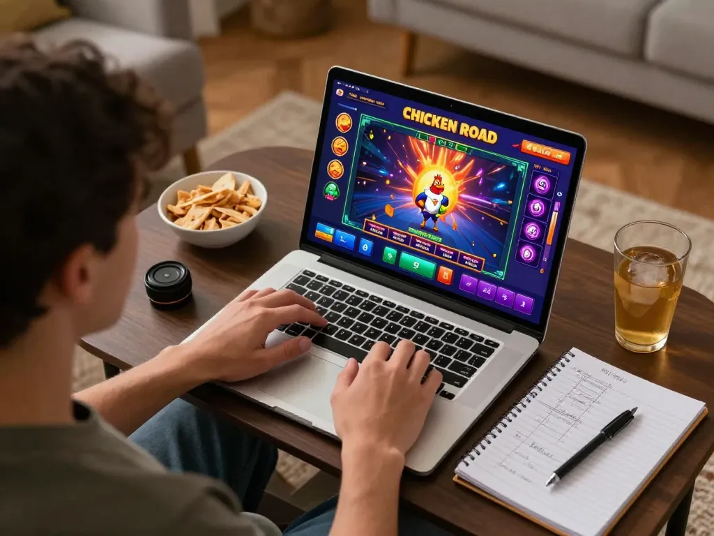 Scopri il emozionante gameplay delle recensioni di Chicken Road in un accogliente setup domestico, che mette in mostra il gioco d'azzardo strategico online.