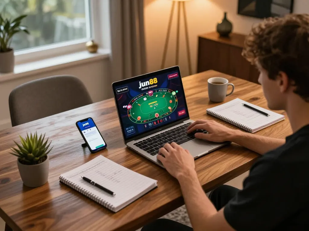 Player exploring the jun88 online casino on a laptop, immersed in a gaming session with strategy notes nearby.