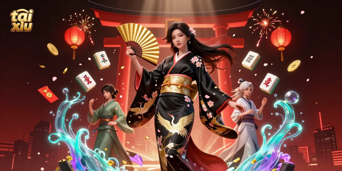 Engage in tai xiu with a photorealistic illustration of an elegant woman in a kimono amidst festive game elements.