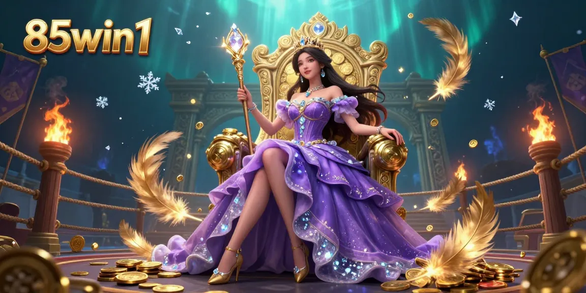 Experience the excitement of 85win1 with a stunning casino-themed illustration featuring a regal character surrounded by dynamic game elements.