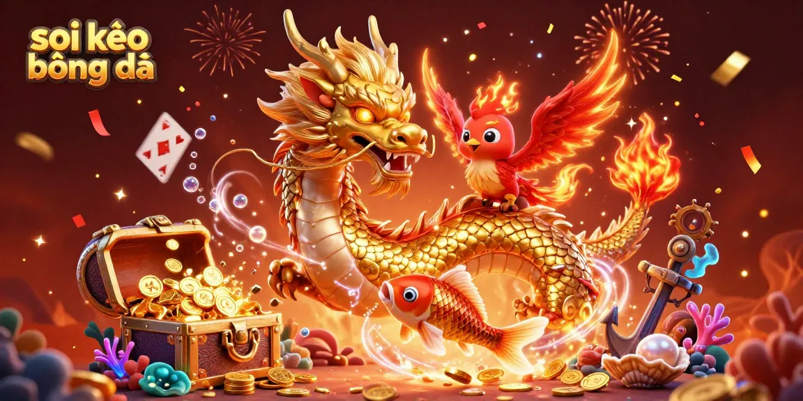 A dynamic scene illustrating soi kèo bóng đá with a fierce dragon, playful phoenix, and koi fish amid exciting casino elements.