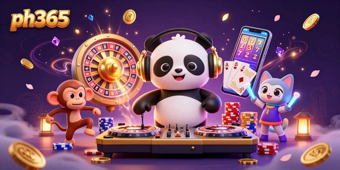 Experience the excitement at ph365 with a vibrant 3D illustration featuring a DJ panda, a dancing monkey, and a glowing kitten surrounded by casino elements.