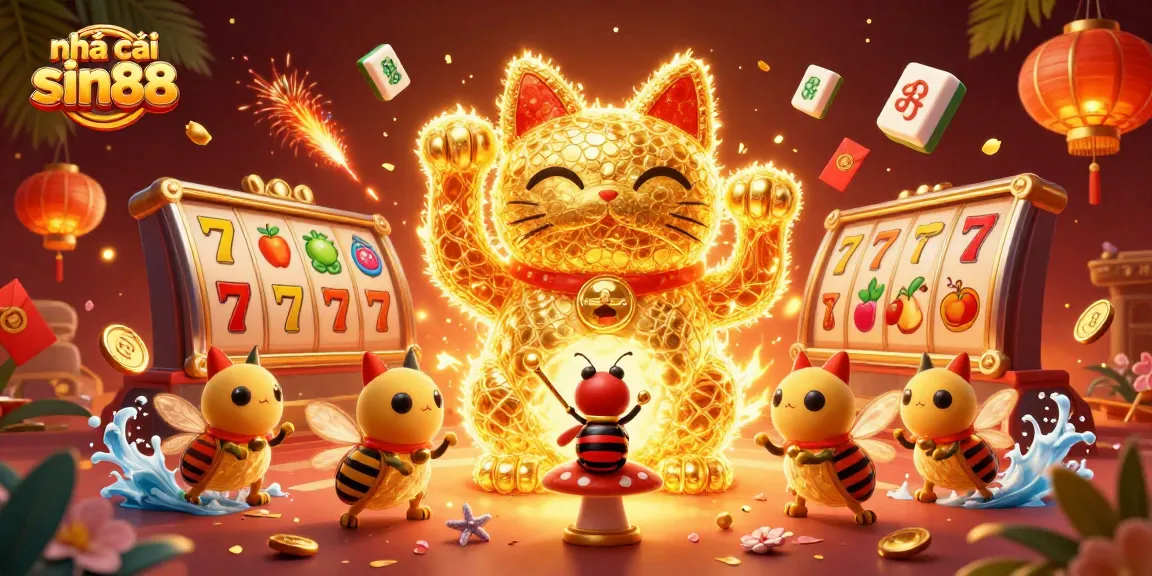 Experience the excitement at nhà cái sin88 with vibrant slot symbols and a giant lucky cat illustration.