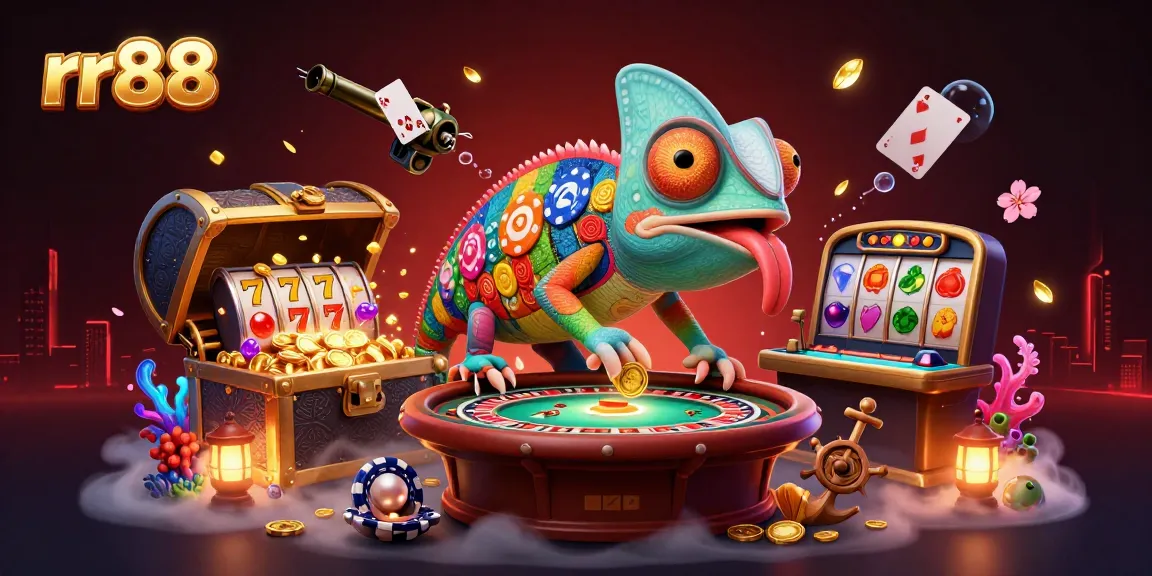 Experience exciting betting at rr88 with a whimsical chameleon and colorful casino elements.