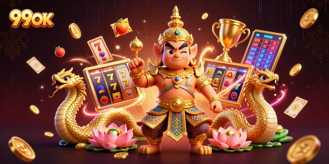 Engage with 99OK's vibrant casino scene filled with slot reels, treasures, and dynamic characters!