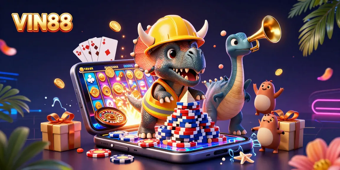 Engage with the excitement of VIN88 as a triceratops builds a poker chip pyramid!