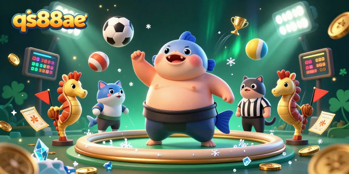 Catch the action at qs88ae with this vibrant underwater casino illustration featuring a fugu sumo wrestler.