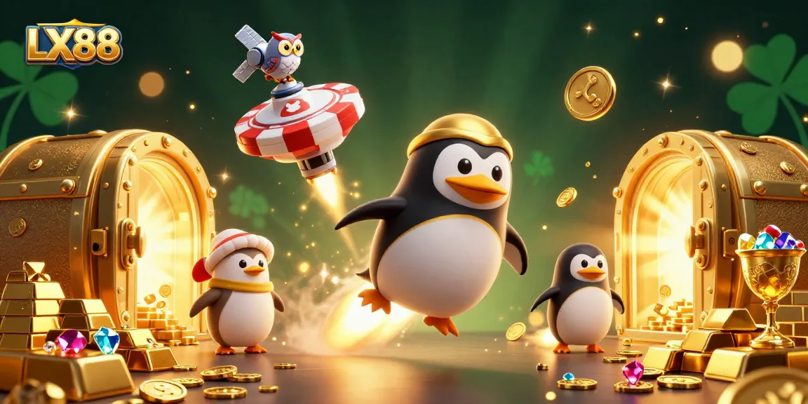 Experience exhilarating wins at LX88 with a 3D cartoon penguin launching into a golden gambling galaxy.