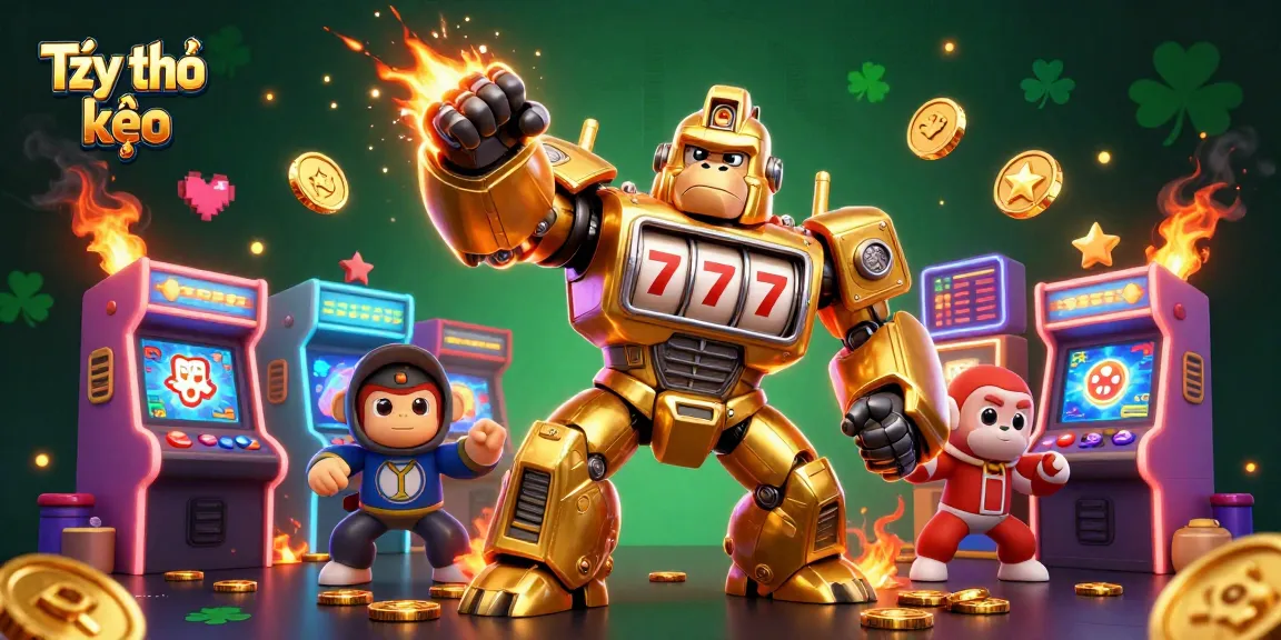 Tỷ lệ kèo for sports betting featuring a golden gorilla mech surrounded by arcade machines and striking game elements