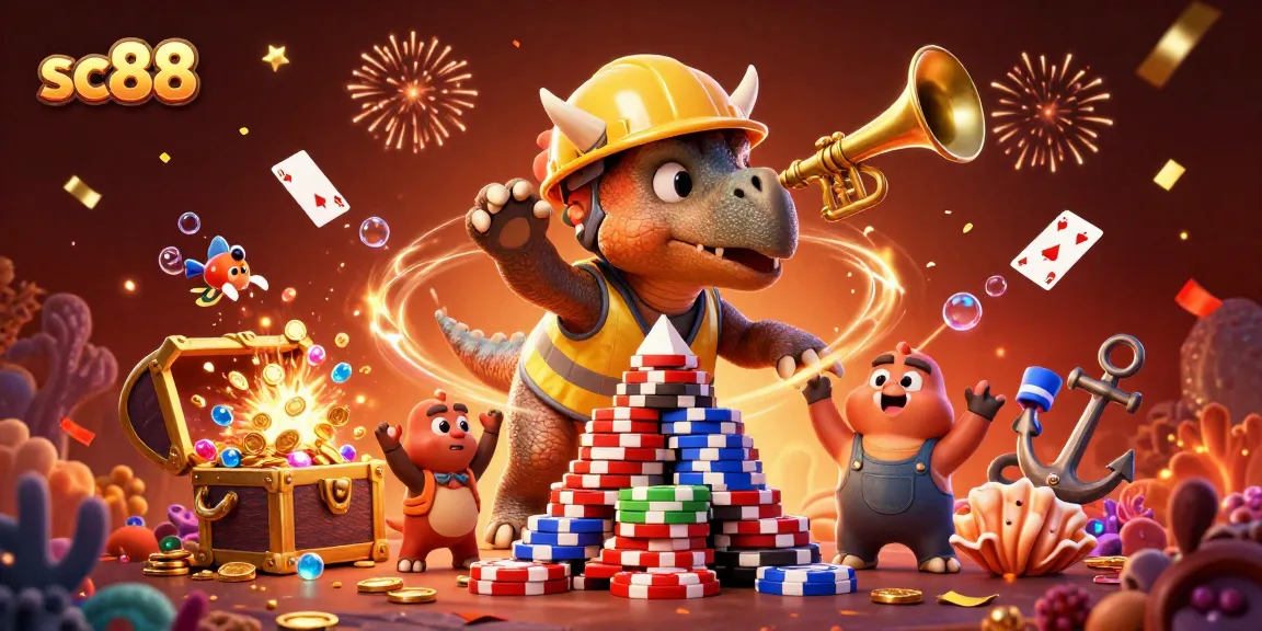 Engage in lively gaming action at SC88 with an illustration of a triceratops building poker chips and celebrating.