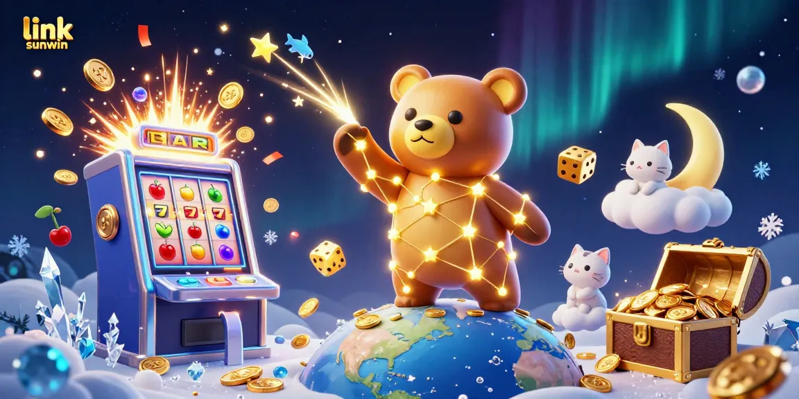 Engage with the exciting gaming universe of link sunwin, featuring a vibrant 3D slot machine and animated characters.