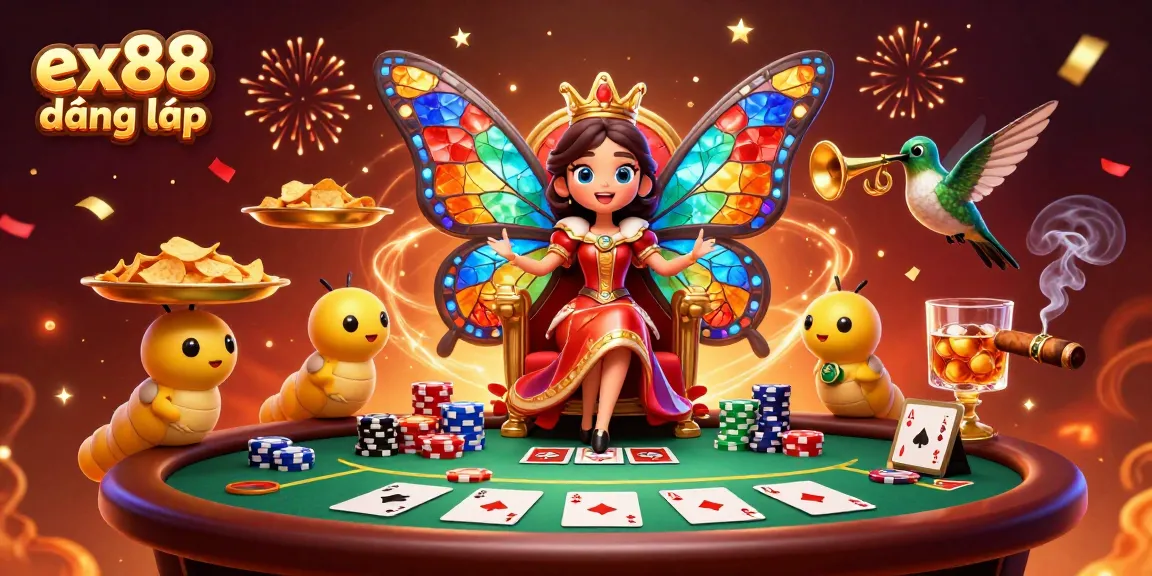 Experience the ultimate gambling thrill with ex88 đăng nhập, as the vibrant casino scene unfolds with a colorful butterfly queen and poker action.
