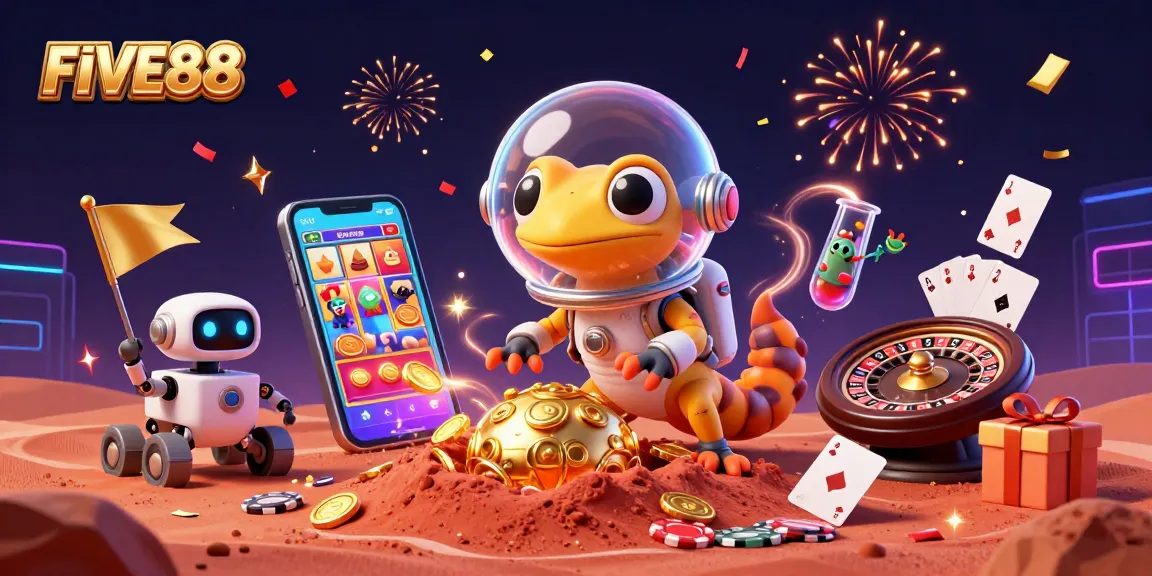 Experience vibrant gaming at FIVE88 with a Martian gecko discovering a golden casino in a fantastical scene.