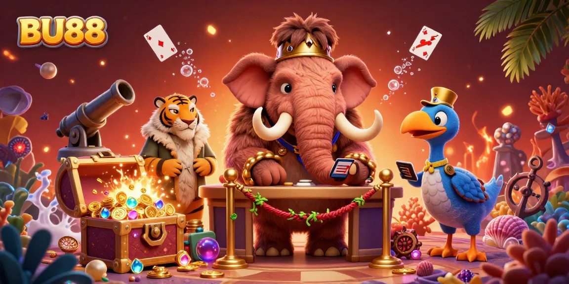 Experience BU88's vibrant casino magic with a woolly mammoth bouncer welcoming a VIP saber-tooth tiger.