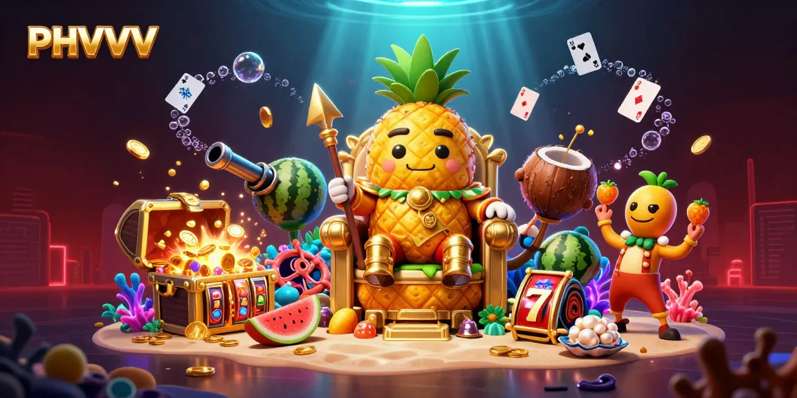 PHVVV showcases a vibrant casino scene with golden pineapple king and lively game elements.